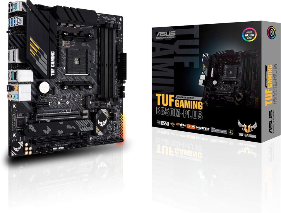 Foto promocional da placa-mãe ASUS TUF Gaming B550M-Plus ao lado de sua caixa original.