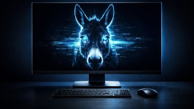 Monitor de computador moderno exibindo a imagem de um burro, com teclado mecânico e mouse sobre a mesa.