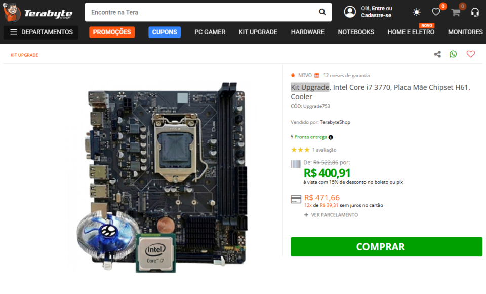 Kit Upgrade, Intel Core i7 3770, Placa Mãe Chipset H61, Cooler vendido pela loja Terabyte informática.