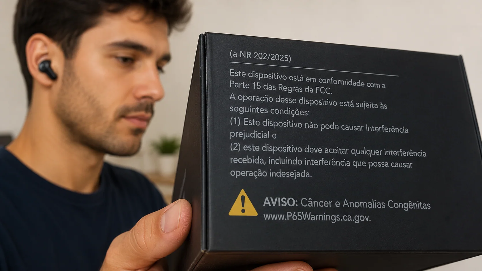 Homem de perfil usando fone de ouvido sem fio enquanto segura e exibe a parte traseira da embalagem com um aviso de segurança destacado em amarelo