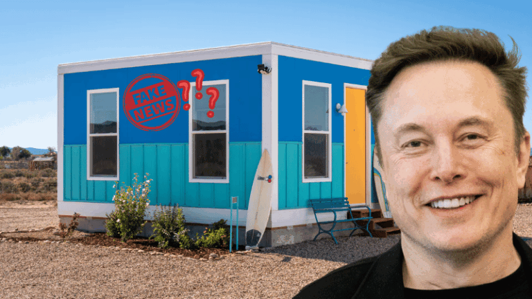 Montagem para checagem de fatos mostrando o rosto de Elon Musk ao lado de uma casa modular Boxabl azul e branca em um cenário desértico. A imagem contém um selo vermelho escrito "Fato ou Fake".