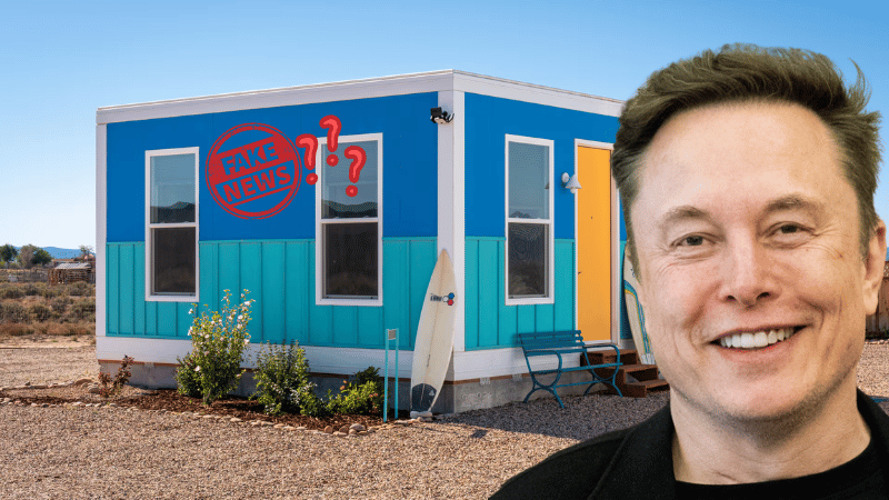 Montagem para checagem de fatos mostrando o rosto de Elon Musk ao lado de uma casa modular Boxabl azul e branca em um cenário desértico. A imagem contém um selo vermelho escrito "Fato ou Fake".