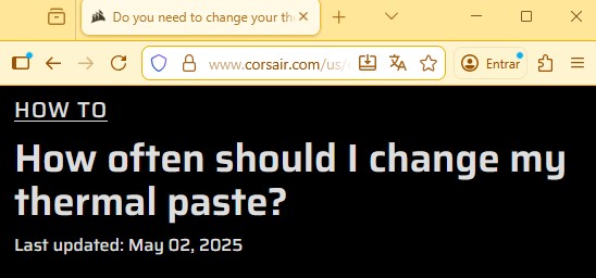 Captura de tela do site oficial da Corsair com o título em inglês "How often should I change my thermal paste?" (Com que frequência devo trocar minha pasta térmica?), datado de 2 de maio de 2025.