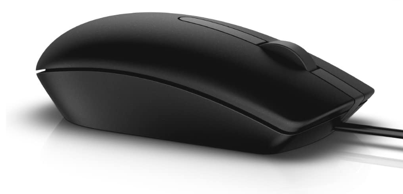 Mouse com fio Dell MS116 preto sobre uma mesa de escritório