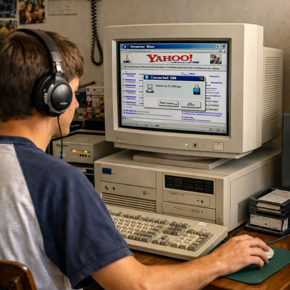Adolescente usando computador desktop 486 com monitor CRT e internet discada nos anos 90.