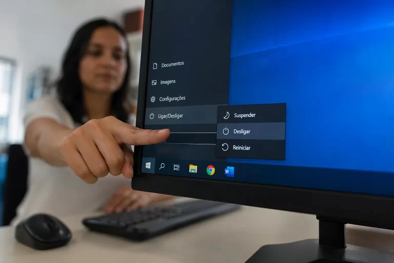 Mulher apontando para a tela de um monitor de computador preto, onde o menu Iniciar do Windows está aberto, prestes a clicar nas opções de energia.