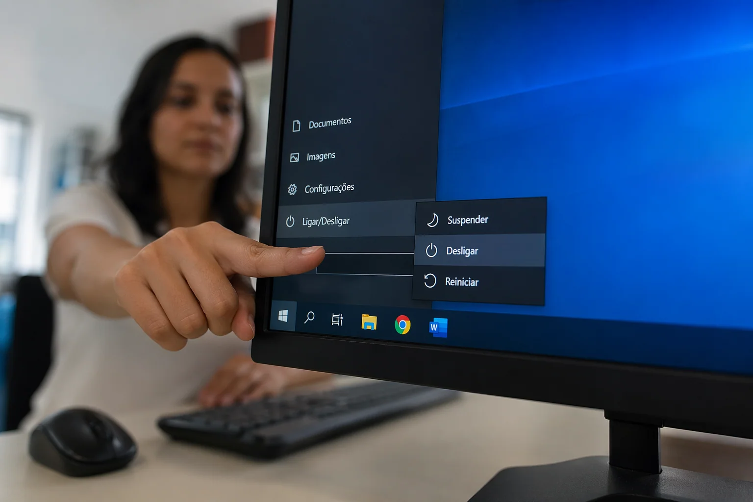 Mulher apontando para a tela de um monitor de computador preto, onde o menu Iniciar do Windows está aberto, prestes a clicar nas opções de energia.