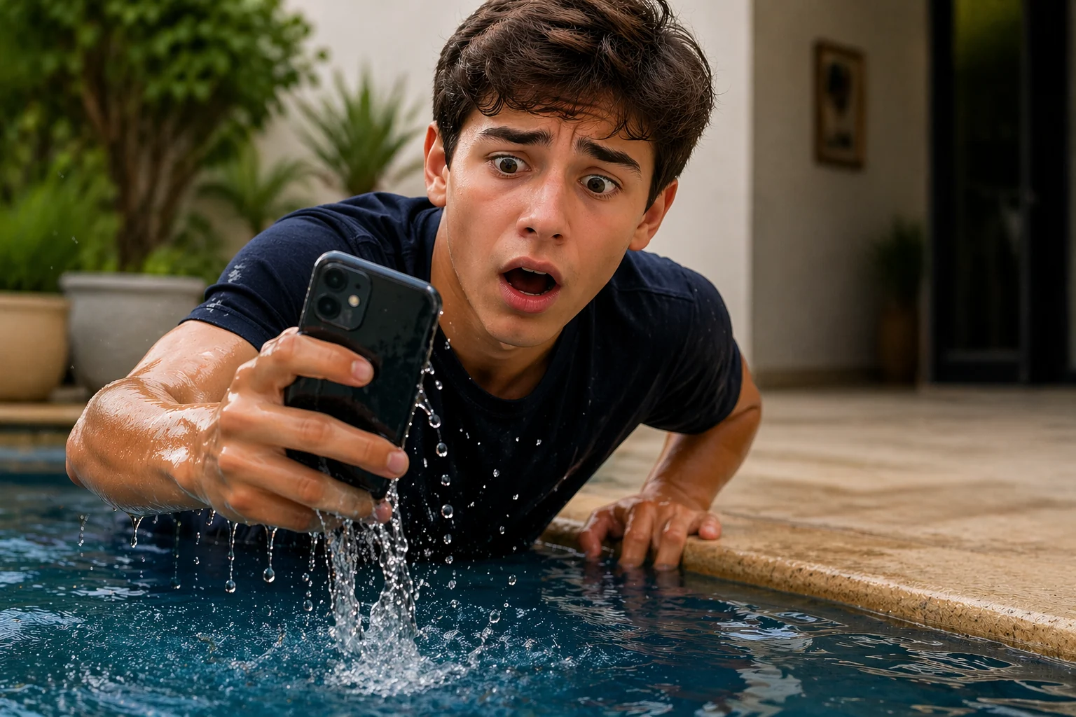 Jovem com expressão de choque ao ver seu celular cair dentro de uma piscina.