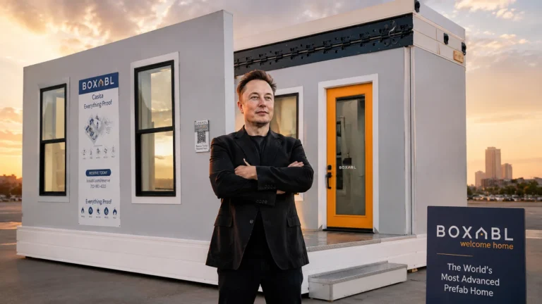 Montagem fotográfica mostrando Elon Musk em pé com os braços cruzados vestindo terno preto, posicionado à frente de uma casa modular compacta da Boxabl com acabamento cinza e porta laranja ao pôr do sol.