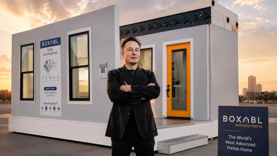 Montagem fotográfica mostrando Elon Musk em pé com os braços cruzados vestindo terno preto, posicionado à frente de uma casa modular compacta da Boxabl com acabamento cinza e porta laranja ao pôr do sol.