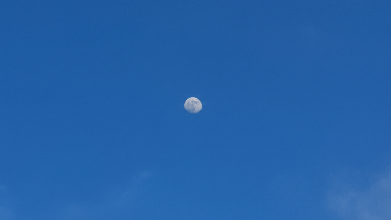 Fotografia de um céu azul vibrante com nuvens brancas esparsas, onde se vê a Lua diurna em fase minguante no centro.