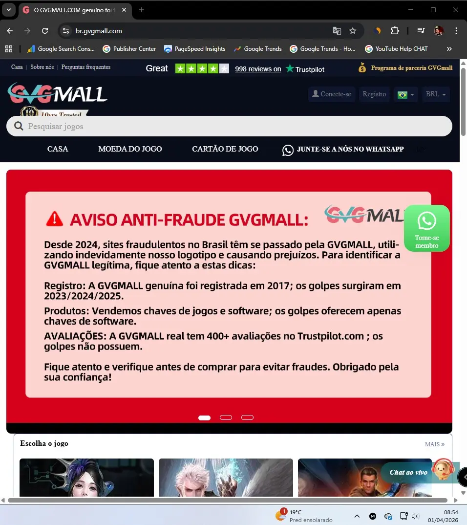 Aviso oficial anti-fraude no site internacional GVGMall.com alertando sobre sites fraudulentos que usam sua marca no Brasil para enganar consumidores.