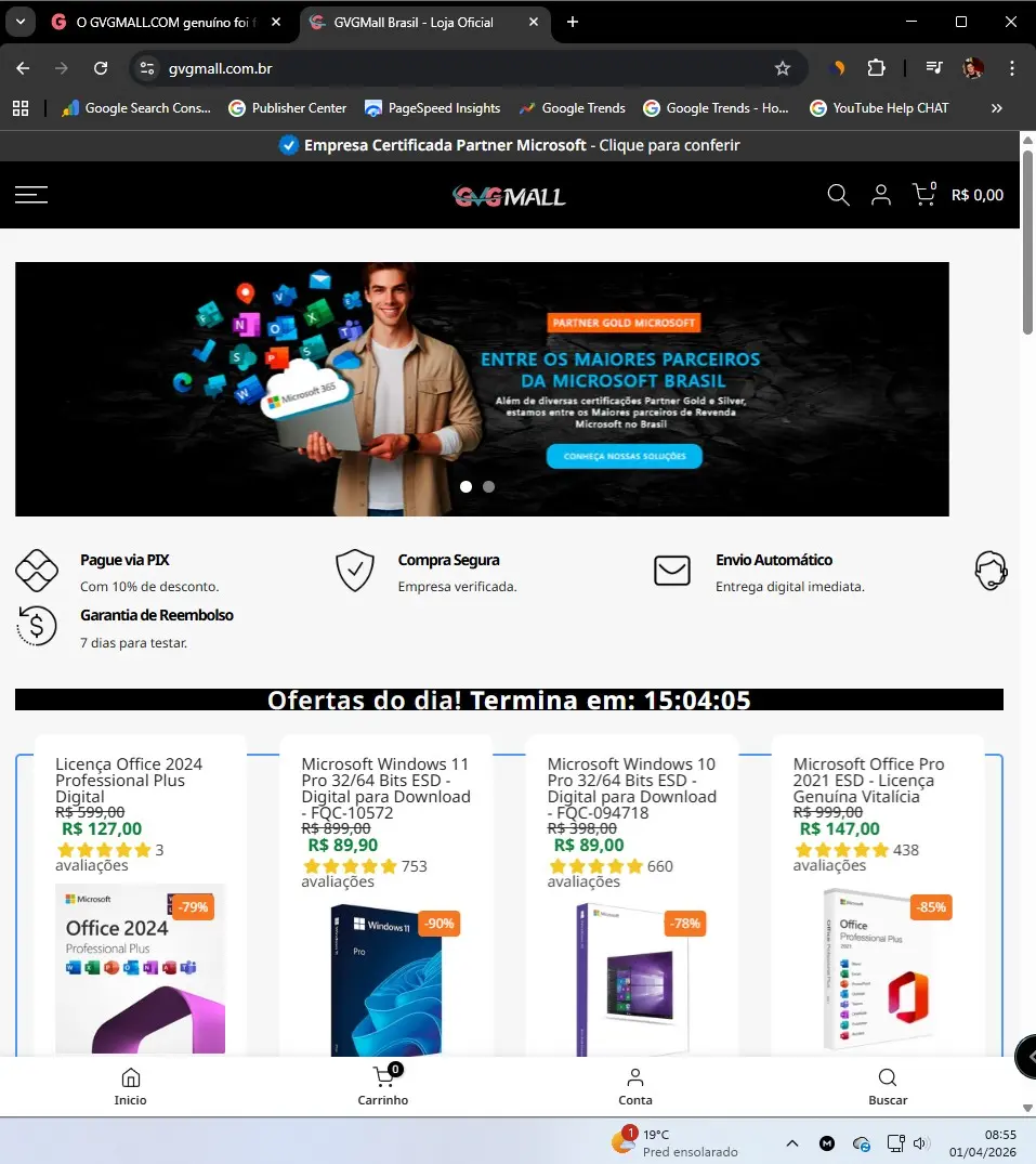 Página inicial do site gvgmall.com.br exibindo ofertas de Windows 11 e Office 2024 com selo de Empresa Certificada Partner Microsoft.