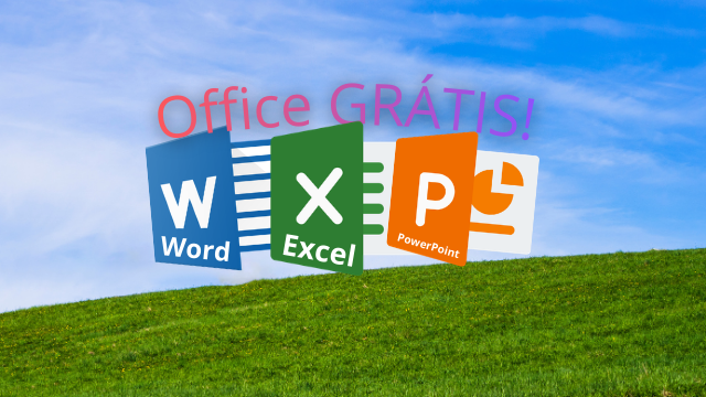 Logotipos dos aplicativos Microsoft Word, Excel e PowerPoint organizados horizontalmente em um fundo Windows XP.