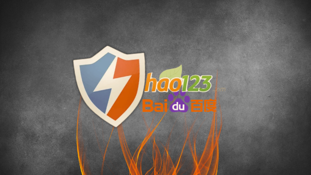 Logotipo do Baidu e Hao123 com fundo esfumaçado cinza, representando a polêmica do Baixaki.