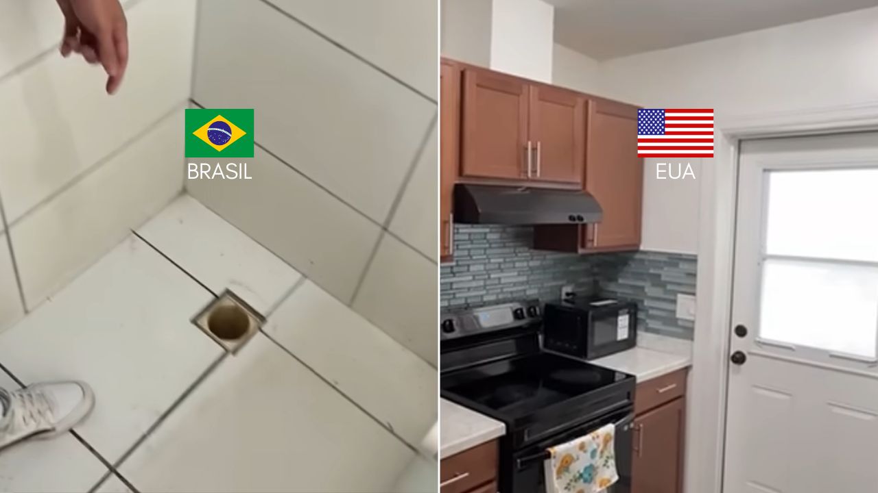Comparativo de custo de vida entre Brasil e Estados Unidos com salário mínimo, mostrando infraestrutura de moradia.