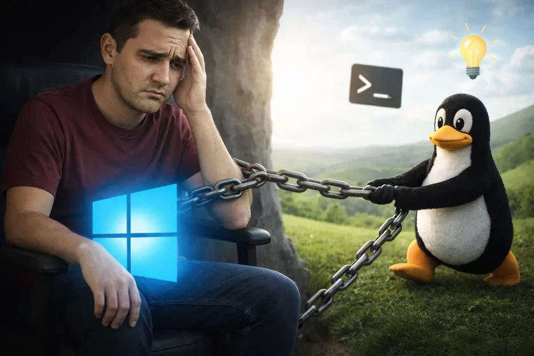 Ilustração estilizada mostrando um usuário com expressão confusa ou pensativa, com a logo do Windows 11 e sendo puxado por um pinguim com o logo do Linux, simbolizando a dificuldade na migração entre os sistemas operacionais.