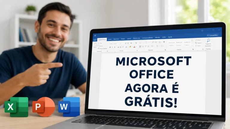 Homem sorrindo e apontando para a tela de um notebook exibindo o texto Microsoft Office agora é grátis com ícones do Word Excel e PowerPoint