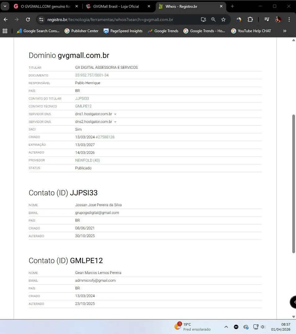 Captura de tela da consulta Whois no Registro.br mostrando os dados de registro do domínio gvgmall.com.br sob a titularidade da GX DIGITAL ASSESSORIA E SERVICOS em 01/04/2026.