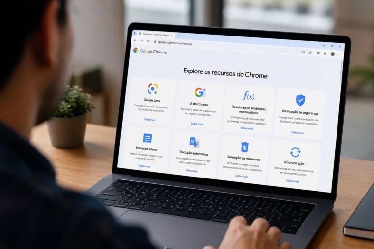 Pessoa utilizando um notebook para explorar os recursos de segurança e produtividade do navegador Google Chrome.