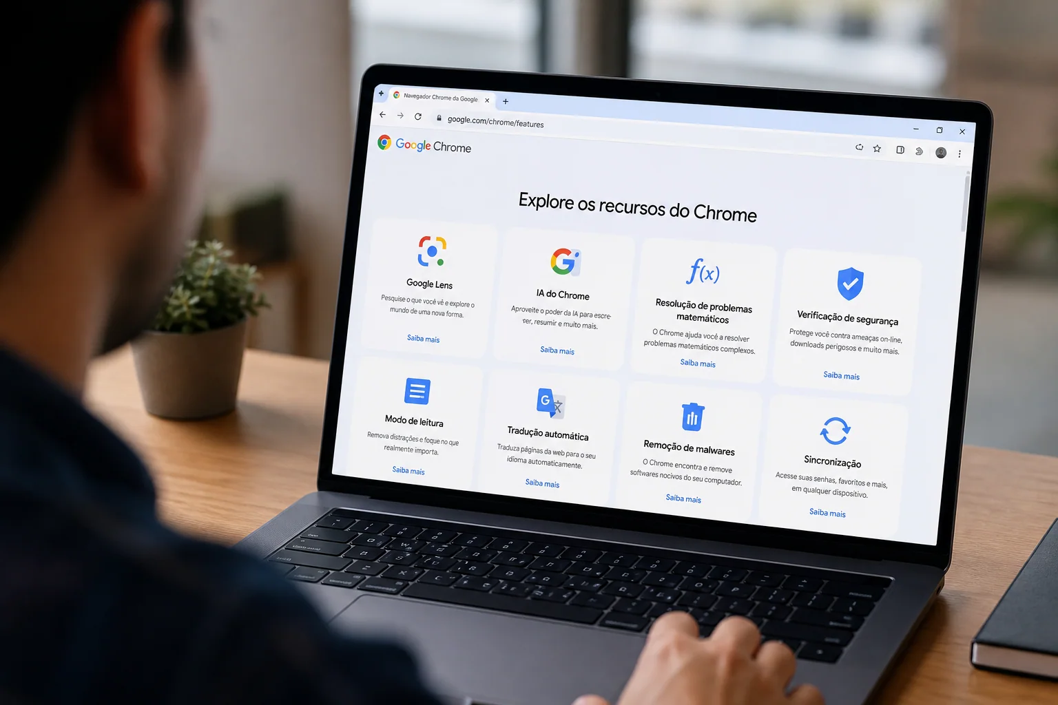 Pessoa utilizando um notebook para explorar os recursos de segurança e produtividade do navegador Google Chrome.