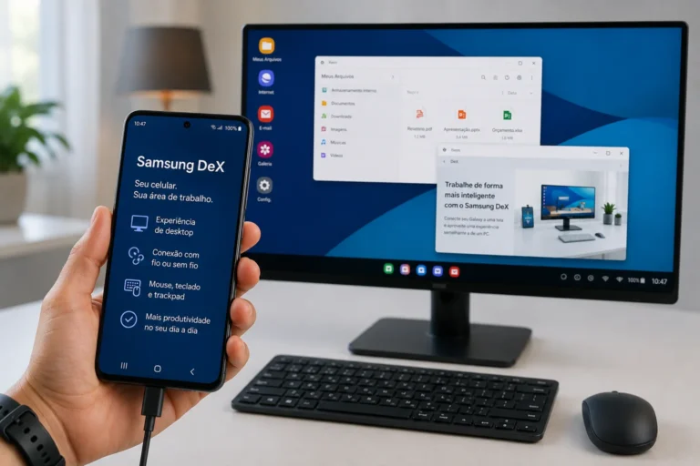 Smartphone conectado via cabo a um monitor exibindo a interface desktop do Samsung DeX, com teclado e mouse ao lado.