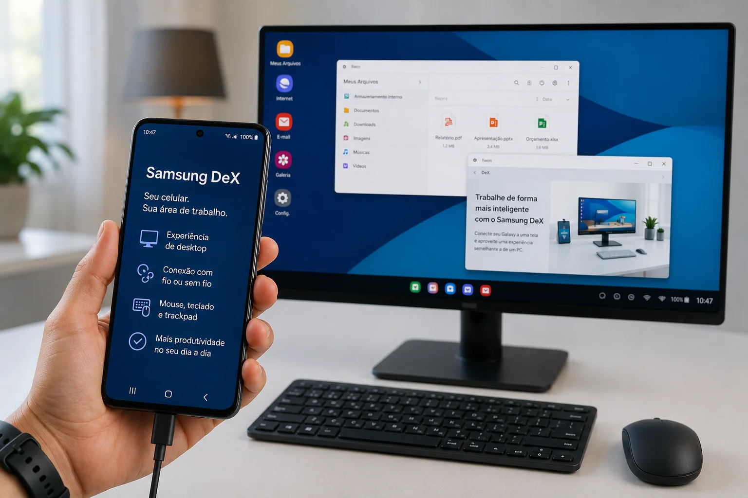 Smartphone conectado via cabo a um monitor exibindo a interface desktop do Samsung DeX, com teclado e mouse ao lado.
