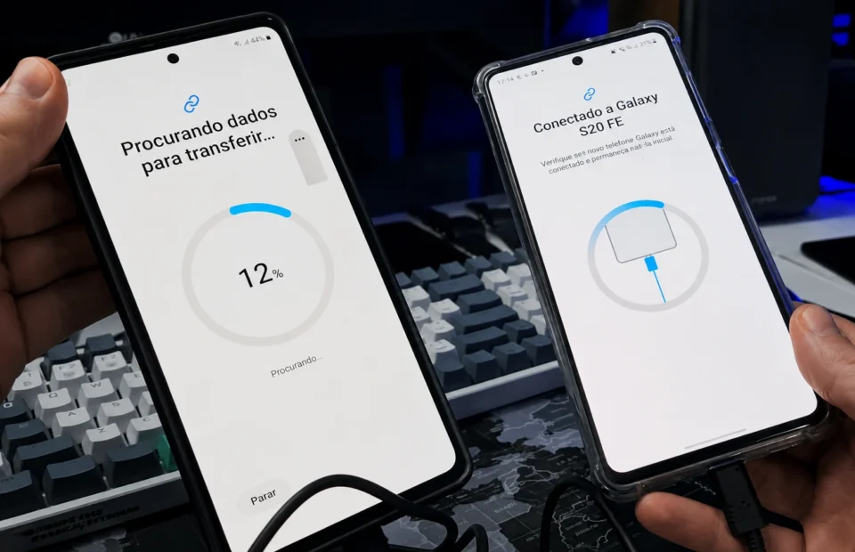 Dois smartphones Android lado a lado conectados por um cabo USB Tipo-C mostrando uma barra de progresso circular indicando a porcentagem de transferência de dados realizada.
